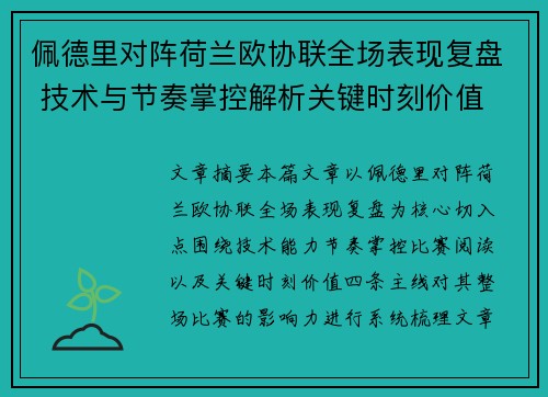 佩德里对阵荷兰欧协联全场表现复盘 技术与节奏掌控解析关键时刻价值